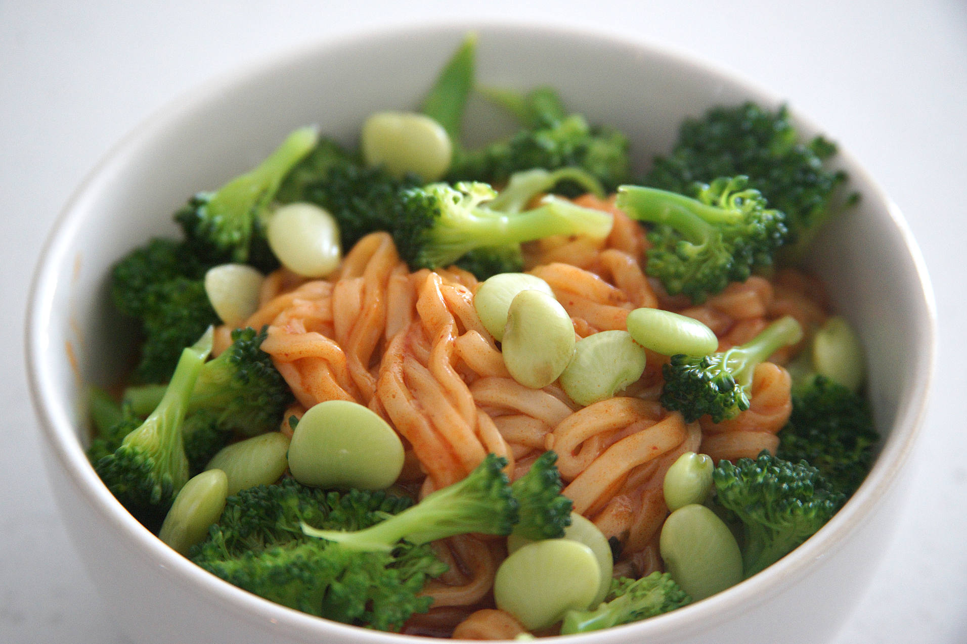 Buldak fire noodles with broccoli and lima beans
