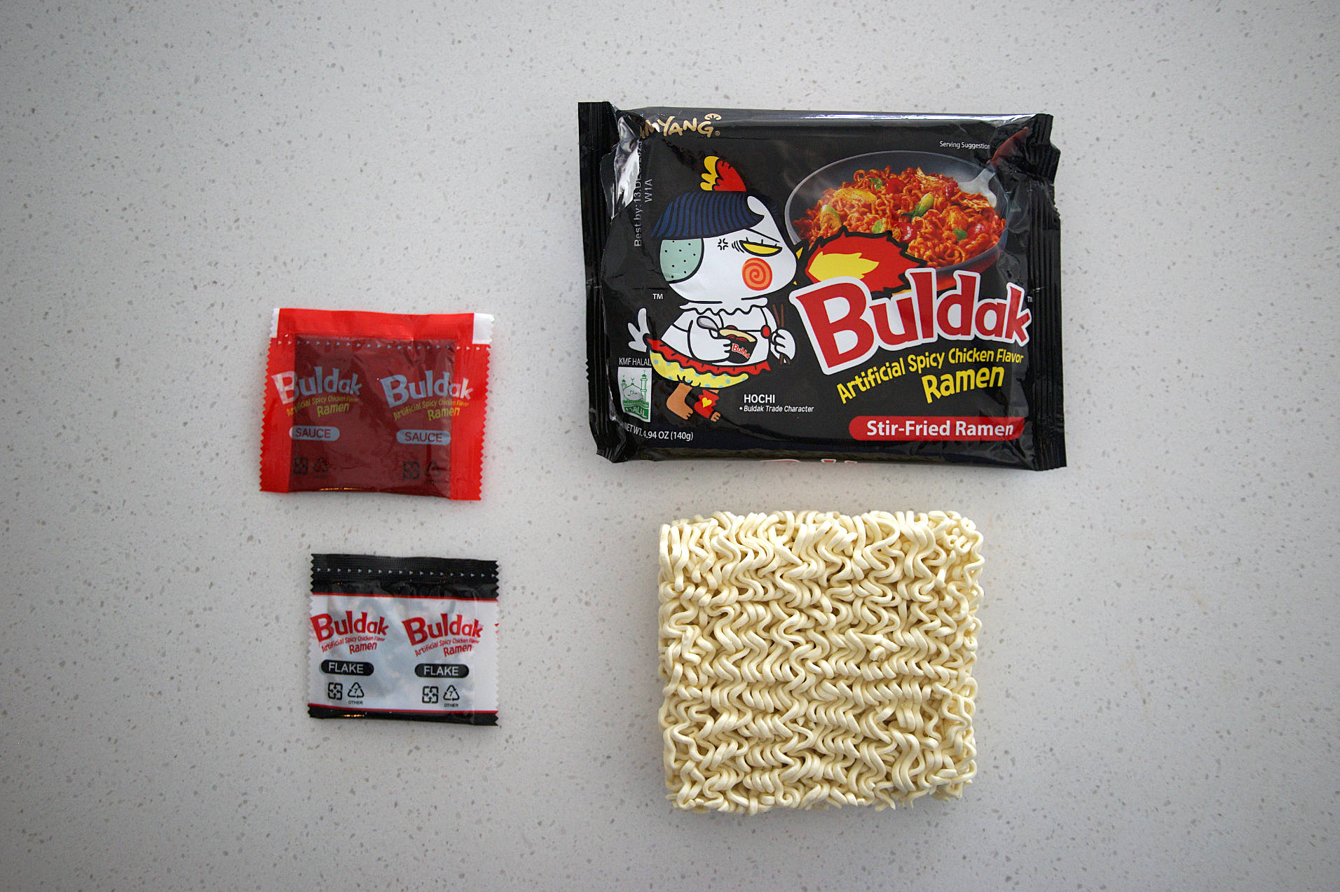 Buldak hot chicken noodles and sauce packets