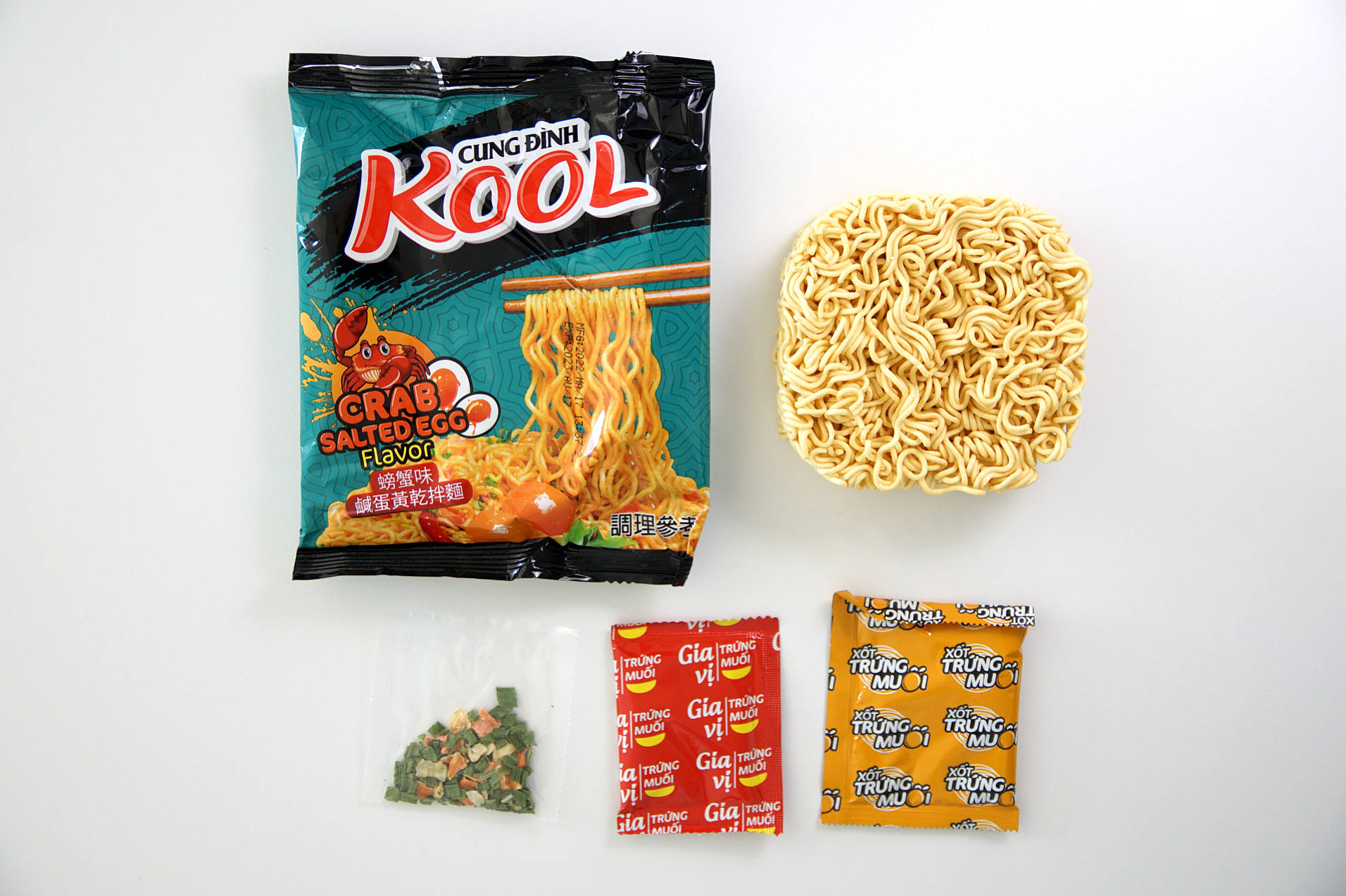 Salted crab noodles and seasoning packets
