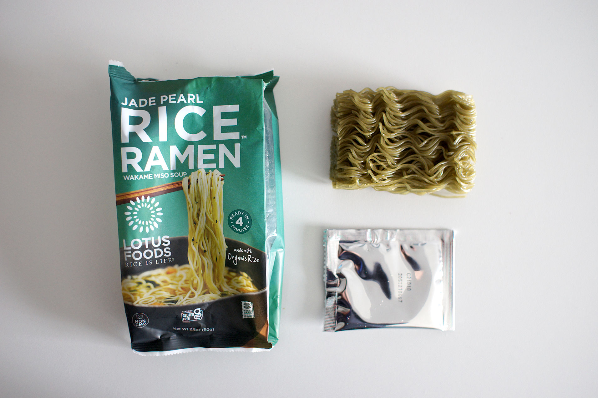 Jade Pearl noodles and white miso and seaweed packet