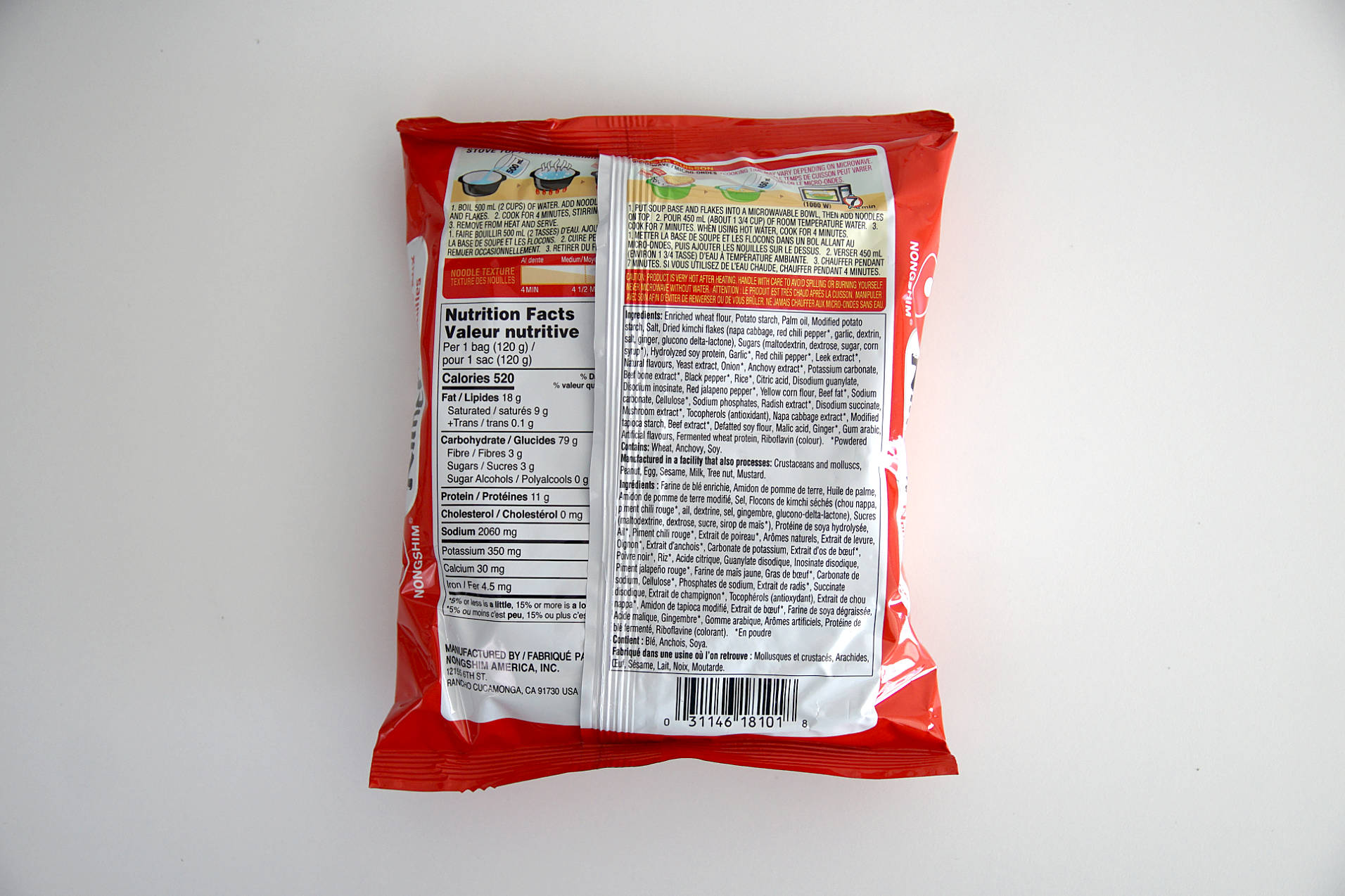 The nutritional facts of Kimchi Noodle Soup by Nongshim