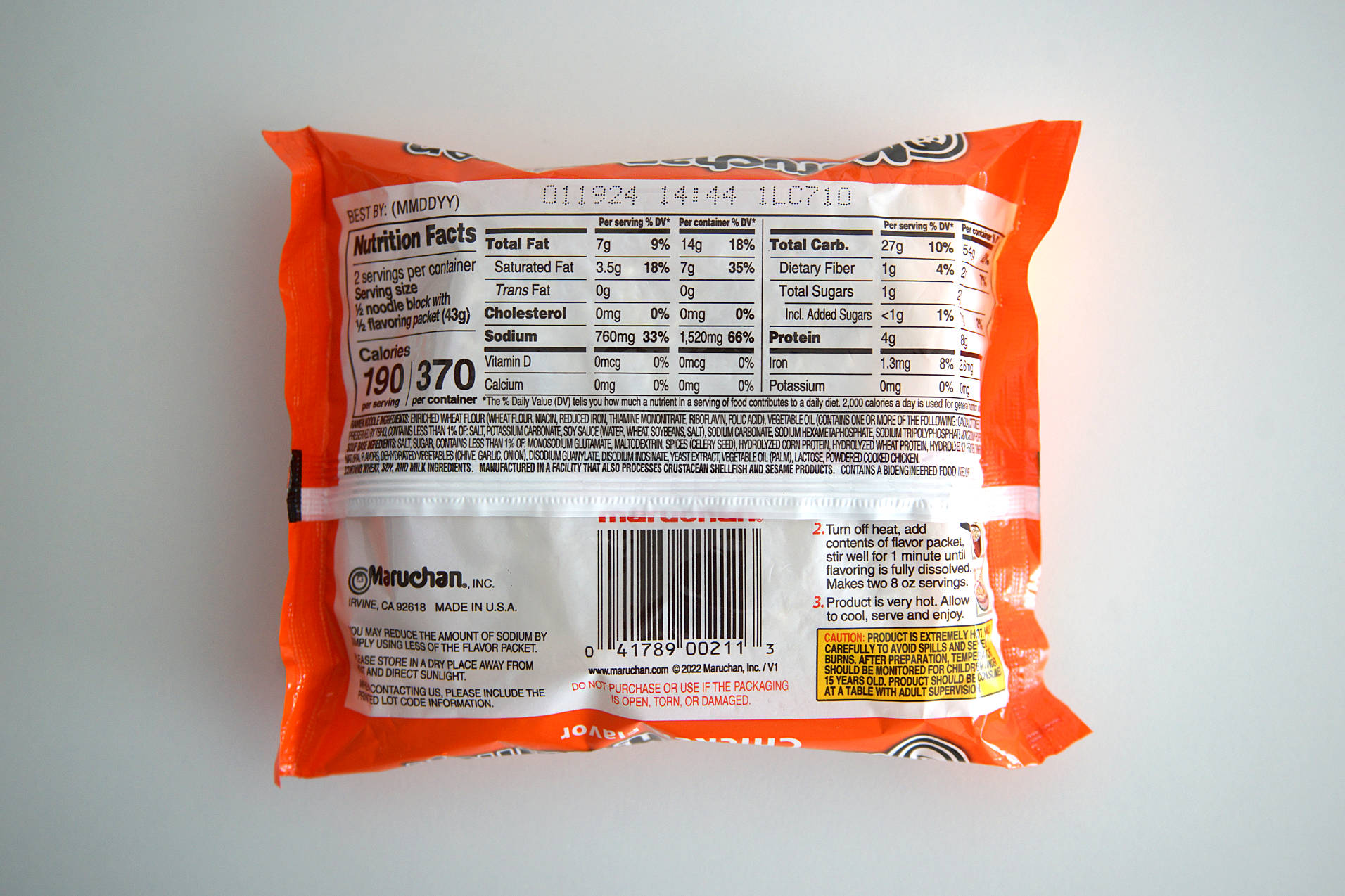 The back of a Maruchan noodle package showing the nutritional information