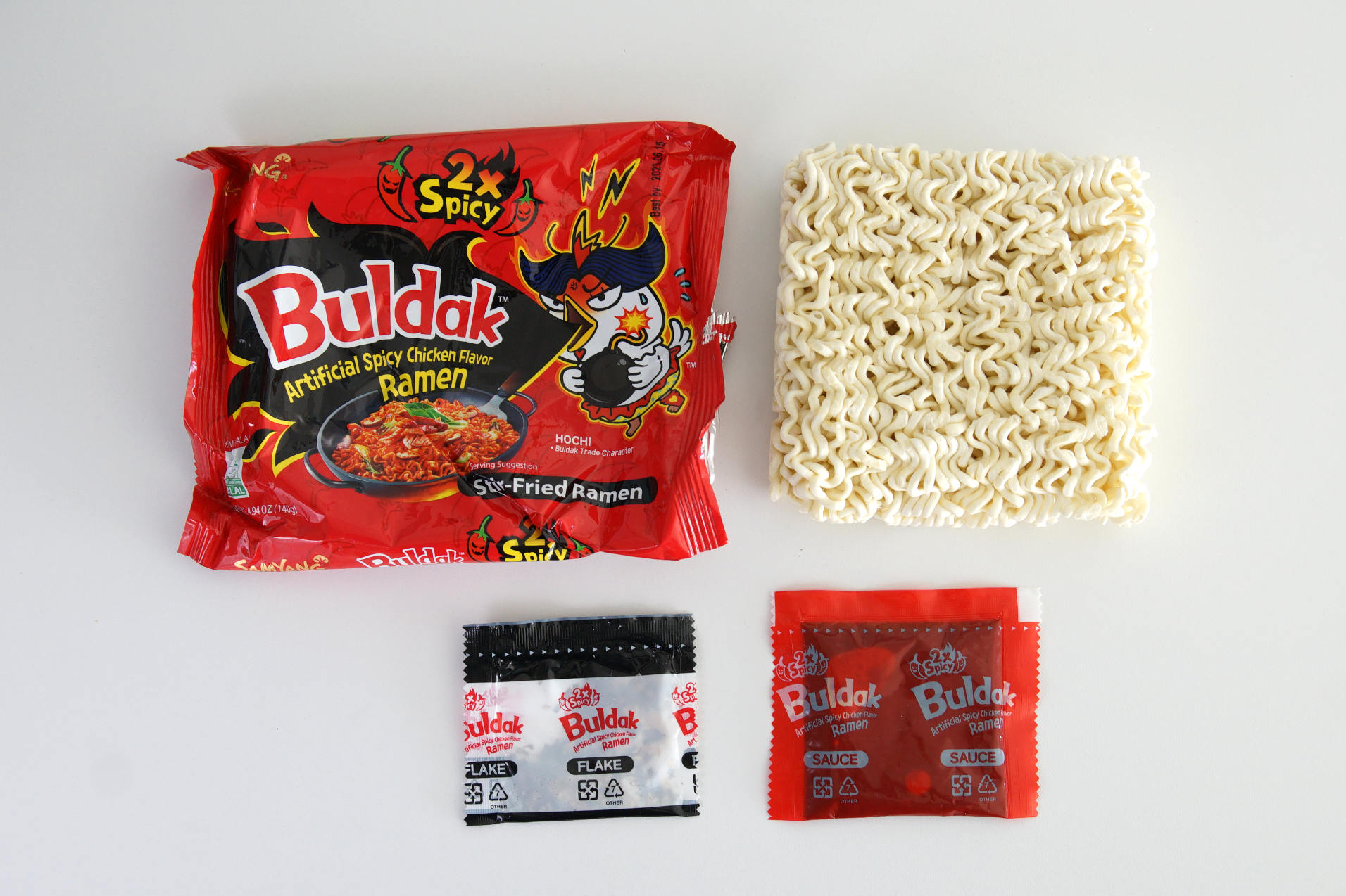 Buldak 2x noodles and its spicy seasoning packet
