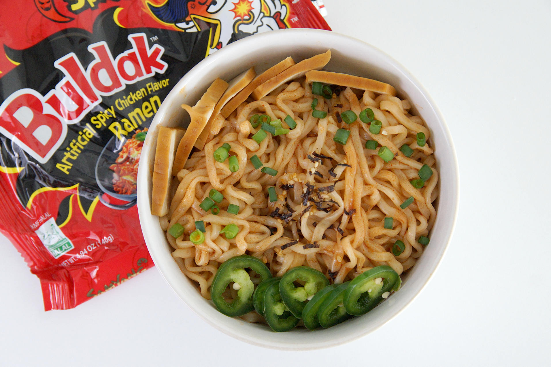 Spicy fire noodles by Samyang Foods with tofu and jalapenos
